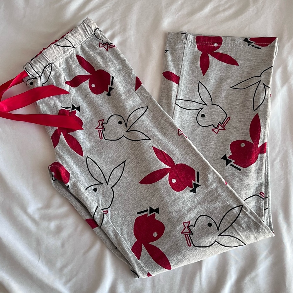Playboy Lounge Pants Medium Gray Red Bunny Print Y2K Elastic Waist - Picture 4 of 6